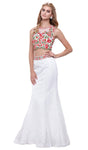 Lace Sleeveless Floral Print Floor Length Beaded Illusion High-Neck Mermaid Party Dress