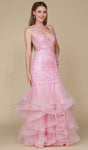 V-neck Sleeveless Mermaid Floor Length Natural Waistline Plunging Neck Fitted Beaded Sheer Dress With Ruffles