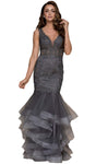 V-neck Mermaid Plunging Neck Natural Waistline Floor Length Sheer Fitted Beaded Sleeveless Dress With Ruffles