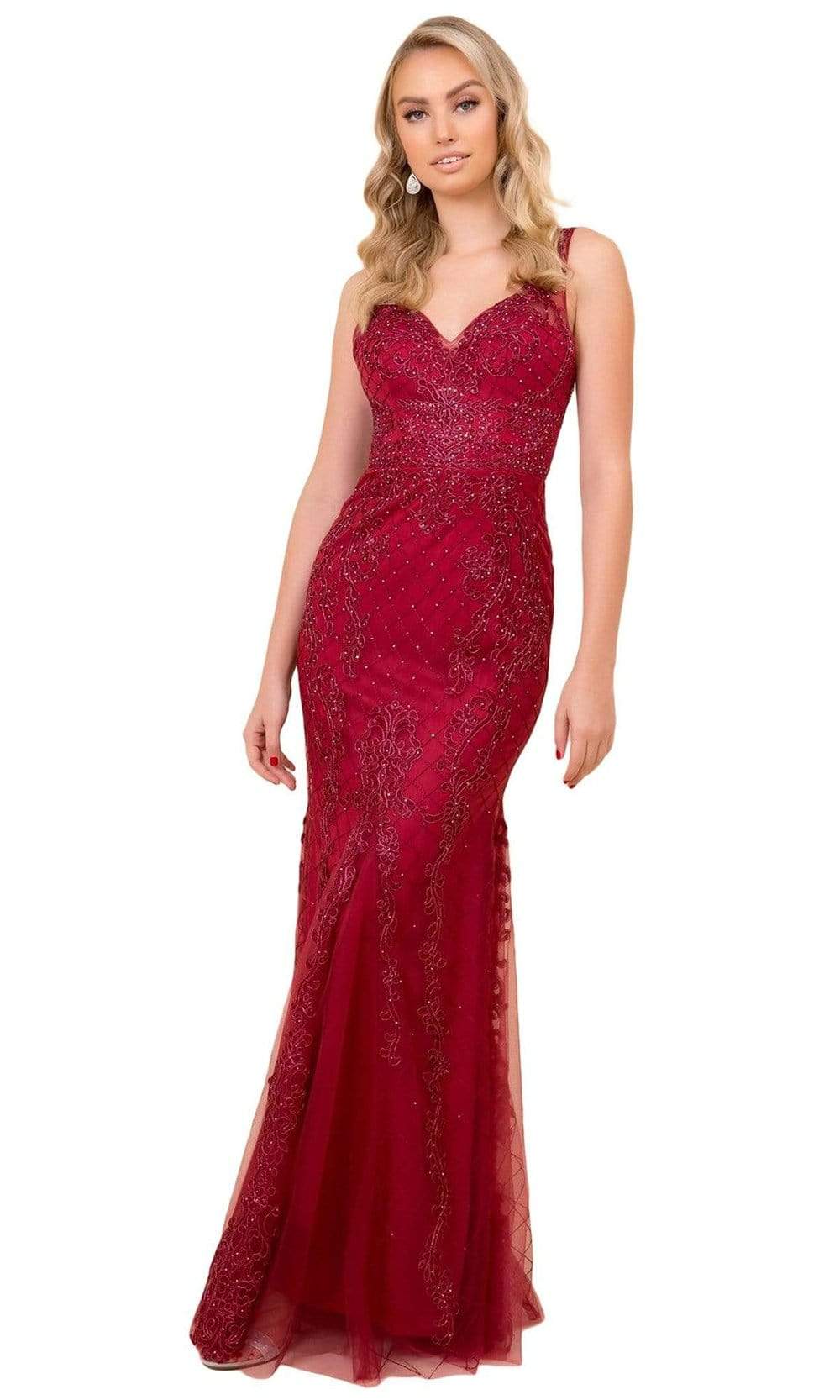 Nox Anabel - A398 Sleeveless V Neck Beaded Lace Applique Trumpet Gown