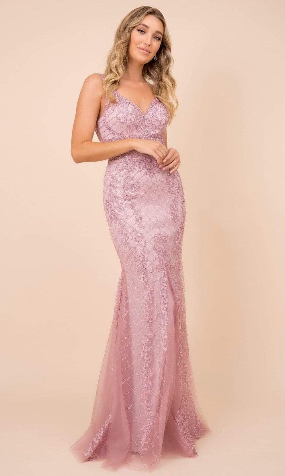 Nox Anabel - A398 Sleeveless V Neck Beaded Lace Applique Trumpet Gown
