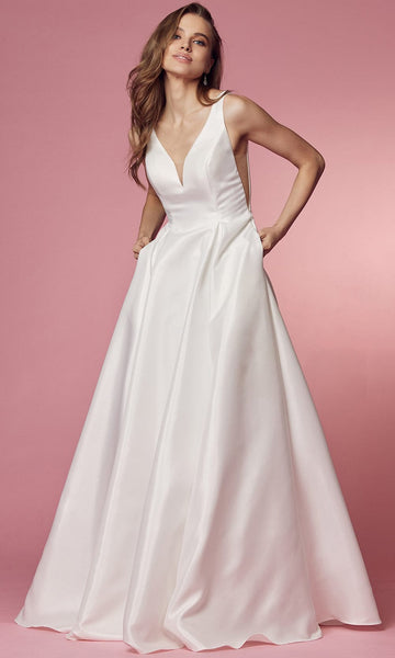 A-line V-neck Natural Waistline Satin Open-Back Back Zipper Pocketed Illusion Sheer Sleeveless Plunging Neck Wedding Dress with a Brush/Sweep Train
