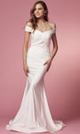 Off the Shoulder Natural Waistline Mermaid Pleated Asymmetric Shirred Wedding Dress with a Brush/Sweep Train