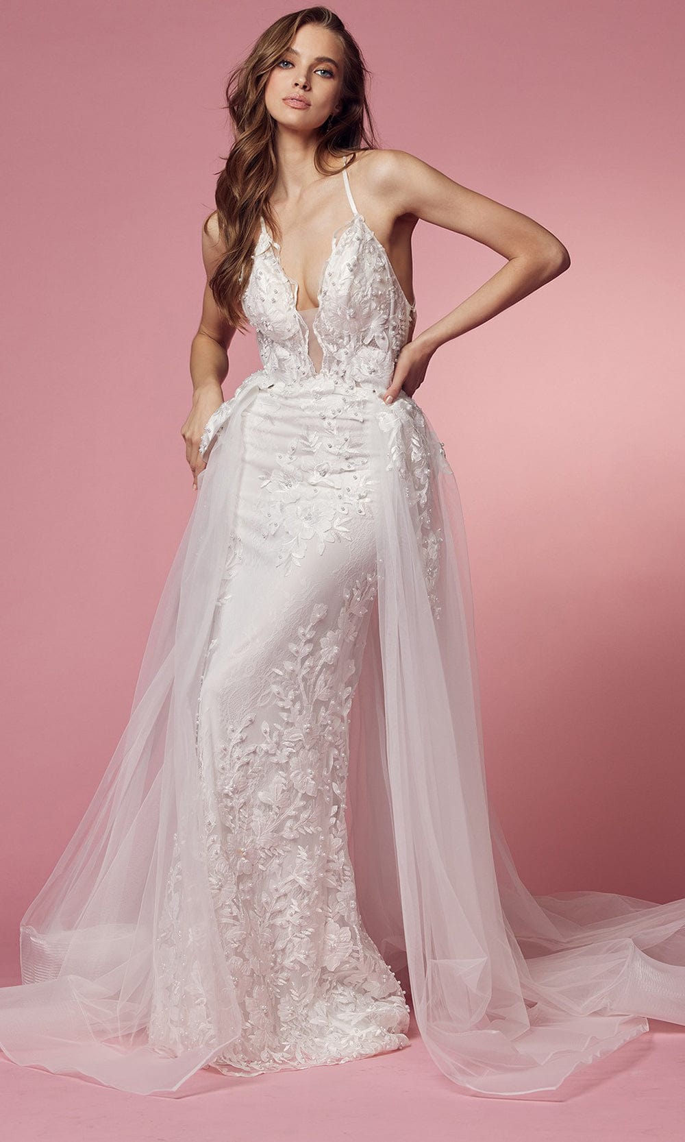 Nox Anabel Bridal F485W - Lace Overskirt Bridal Dress
