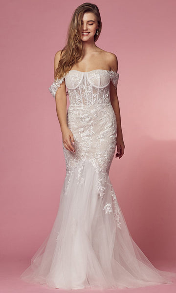 Off the Shoulder Sweetheart Floor Length Corset Natural Waistline Fitted Sheer Back Zipper Open-Back Draped Lace Mermaid Wedding Dress with a Brush/Sweep Train