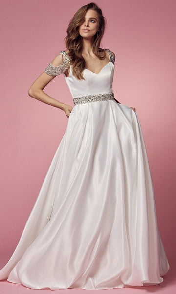 A-line Back Zipper Open-Back Pleated Sequined Beaded Floor Length Natural Waistline Cold Shoulder Sleeves Sweetheart Wedding Dress