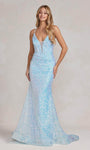 V-neck Illusion Sequined Lace-Up Piping Natural Waistline Mermaid Plunging Neck Fall Spaghetti Strap Prom Dress with a Brush/Sweep Train