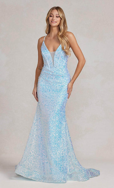 V-neck Plunging Neck Spaghetti Strap Mermaid Fall Sequined Illusion Piping Lace-Up Natural Waistline Prom Dress with a Brush/Sweep Train