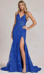 V-neck Mermaid Lace Glittering Slit Beaded Sheer Open-Back General Print Spaghetti Strap Corset Natural Waistline Evening Dress with a Brush/Sweep Train