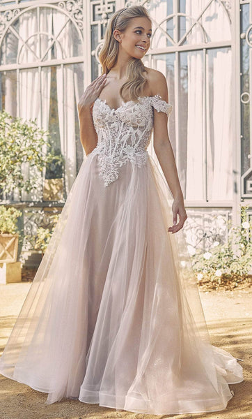 Sophisticated A-line Tulle Floral Print Floor Length Sweetheart Corset Natural Waistline Off the Shoulder Applique Back Zipper Embroidered Wedding Dress with a Brush/Sweep Train