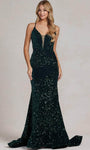 V-neck Piping Illusion Lace-Up Sequined Spaghetti Strap Natural Waistline Plunging Neck Mermaid Prom Dress with a Brush/Sweep Train