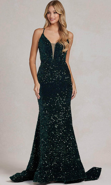 V-neck Mermaid Plunging Neck Natural Waistline Spaghetti Strap Illusion Sequined Lace-Up Piping Prom Dress with a Brush/Sweep Train