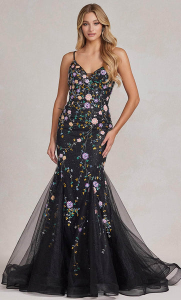 V-neck Applique Sequined Beaded Lace-Up Mermaid Sleeveless Spaghetti Strap Floral Print Natural Waistline Prom Dress with a Brush/Sweep Train