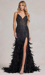 V-neck General Print Mermaid Glittering Illusion Slit Open-Back Sheer Spaghetti Strap Corset Natural Waistline Evening Dress with a Brush/Sweep Train