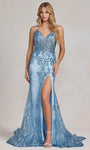 Sexy V-neck Floor Length Mermaid Spaghetti Strap Open-Back Beaded Fitted Slit V Back Corset Natural Waistline Prom Dress with a Brush/Sweep Train