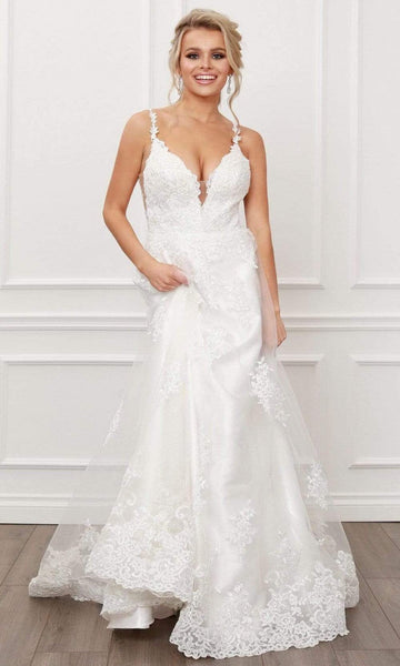 A-line Spaghetti Strap Open-Back Back Zipper Applique Cutout Beaded Natural Waistline Plunging Neck Sweetheart Wedding Dress with a Brush/Sweep Train