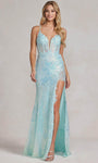 V-neck Sheer Beaded Slit Sequined Applique Lace-Up Spaghetti Strap Sheath Floral Print Lace Corset Natural Waistline Sheath Dress/Prom Dress with a Brush/Sweep Train