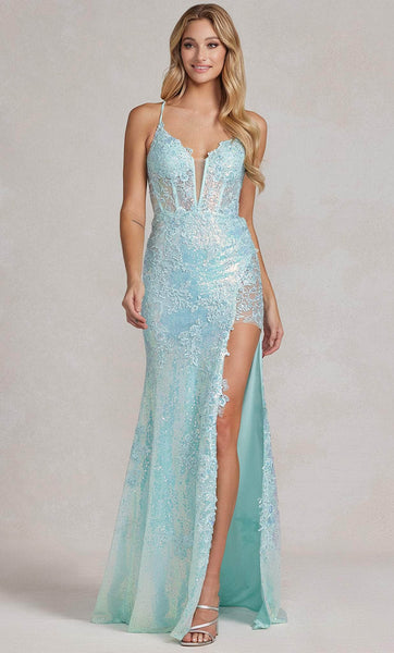 V-neck Lace Sheath Floral Print Applique Sequined Beaded Lace-Up Slit Sheer Corset Natural Waistline Spaghetti Strap Sheath Dress/Prom Dress with a Brush/Sweep Train