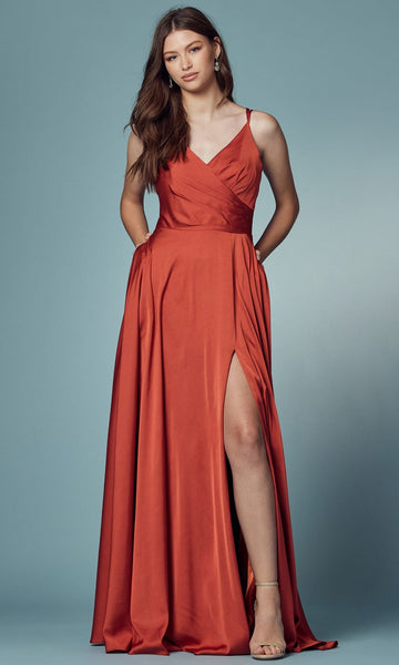 A-line V-neck Natural Waistline Spaghetti Strap Pocketed Lace-Up Slit Prom Dress with a Brush/Sweep Train