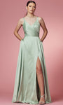 A-line V-neck Natural Waistline Pocketed Lace-Up Slit Spaghetti Strap Prom Dress with a Brush/Sweep Train