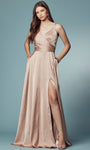 A-line V-neck Slit Pocketed Lace-Up Spaghetti Strap Natural Waistline Prom Dress with a Brush/Sweep Train