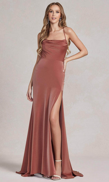 Cowl Neck Natural Waistline Spaghetti Strap Fall Mermaid Satin Open-Back Slit Draped Lace-Up Prom Dress with a Brush/Sweep Train