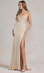 Satin Mermaid Fall Cowl Neck Spaghetti Strap Open-Back Slit Draped Lace-Up Natural Waistline Prom Dress with a Brush/Sweep Train