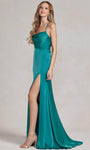 Mermaid Satin Fall Lace-Up Slit Draped Open-Back Natural Waistline Cowl Neck Spaghetti Strap Prom Dress with a Brush/Sweep Train