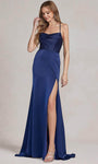 Satin Fall Mermaid Spaghetti Strap Cowl Neck Open-Back Slit Draped Lace-Up Natural Waistline Prom Dress with a Brush/Sweep Train