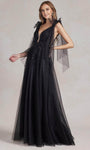 A-line V-neck Sweetheart Off the Shoulder Natural Waistline Floor Length Open-Back Applique Pleated Fitted Back Zipper Beaded Tulle Prom Dress With a Sash