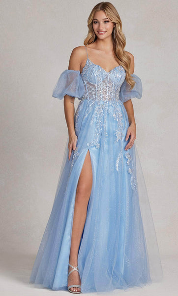 A-line Floor Length Cold Shoulder Sleeves Off the Shoulder Sleeveless Sweetheart Corset Natural Waistline Back Zipper Draped Open-Back Slit Beaded Applique Floral Print Tulle Prom Dress with a Brush/S