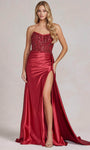 Modest V-neck Strapless Sheath Ruched Draped Slit Open-Back Sheer Beaded Corset Natural Waistline Floor Length Sheath Dress/Prom Dress with a Brush/Sweep Train