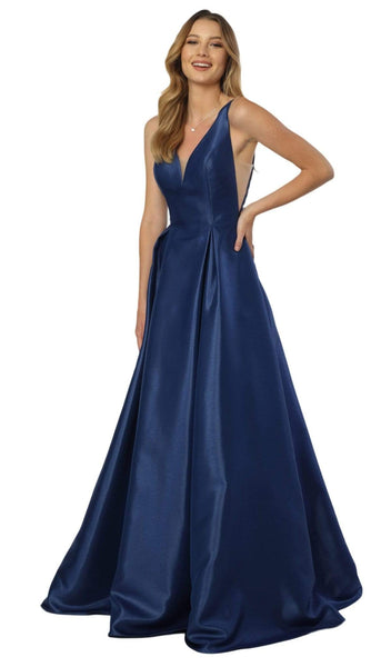 Sophisticated A-line V-neck Floor Length Plunging Neck Natural Waistline Sheer Back Zipper Pleated Fitted V Back Pocketed Sleeveless Dress