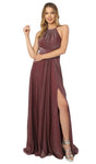 Tall A-line Halter Metallic Sleeveless Ruched Shirred Slit Back Zipper Empire Waistline Dress with a Brush/Sweep Train