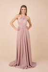 Tall A-line Empire Waistline Sleeveless Metallic Ruched Slit Shirred Back Zipper Halter Dress with a Brush/Sweep Train