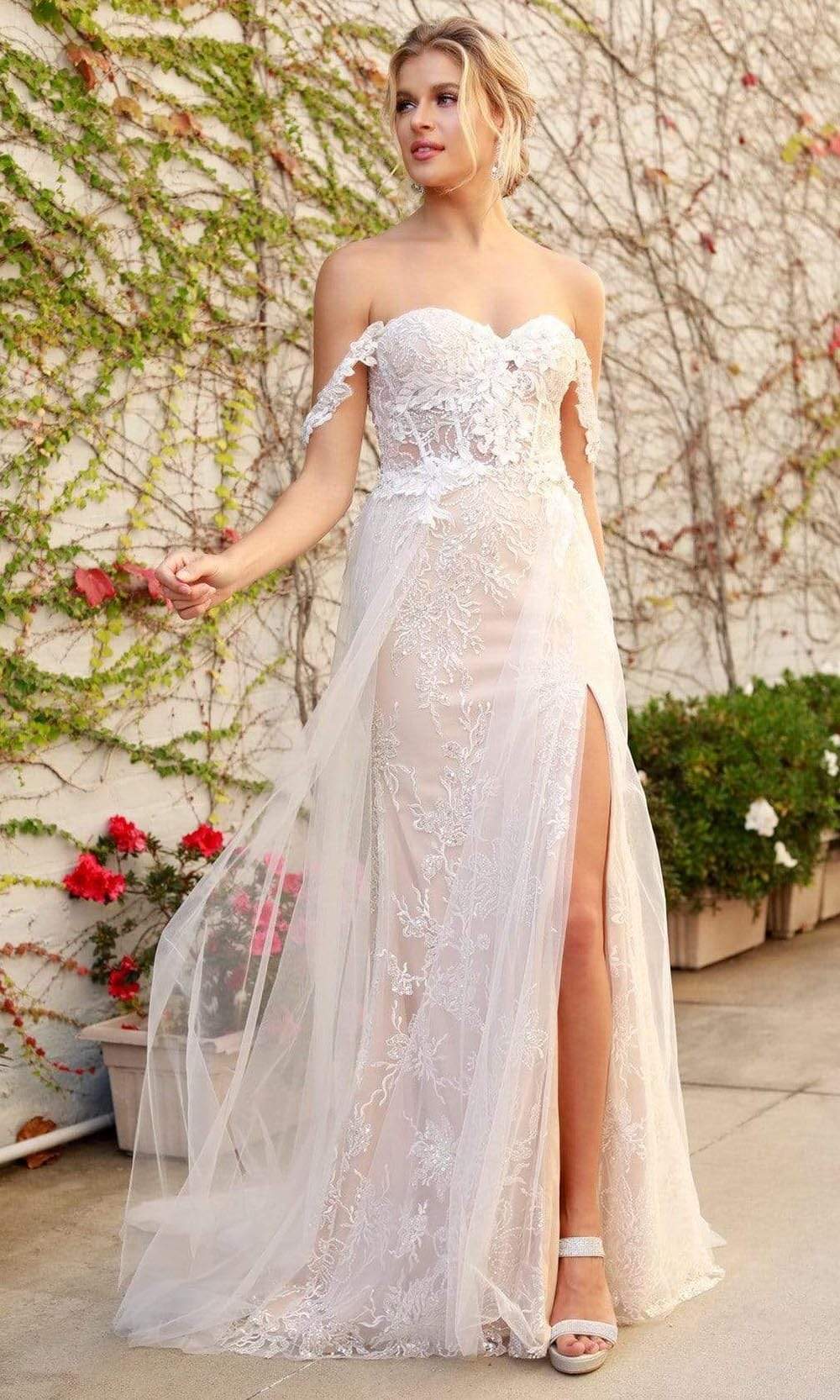 Nox Anabel - E441 Off Shoulder Appliqued High Slit Bridal Gown
