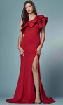 One Shoulder Sleeveless Sheath Floor Length Slit Asymmetric Open-Back Back Zipper Natural Waistline Sheath Dress with a Brush/Sweep Train With Ruffles