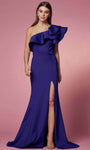 One Shoulder Sleeveless Natural Waistline Sheath Open-Back Asymmetric Slit Back Zipper Floor Length Sheath Dress with a Brush/Sweep Train With Ruffles