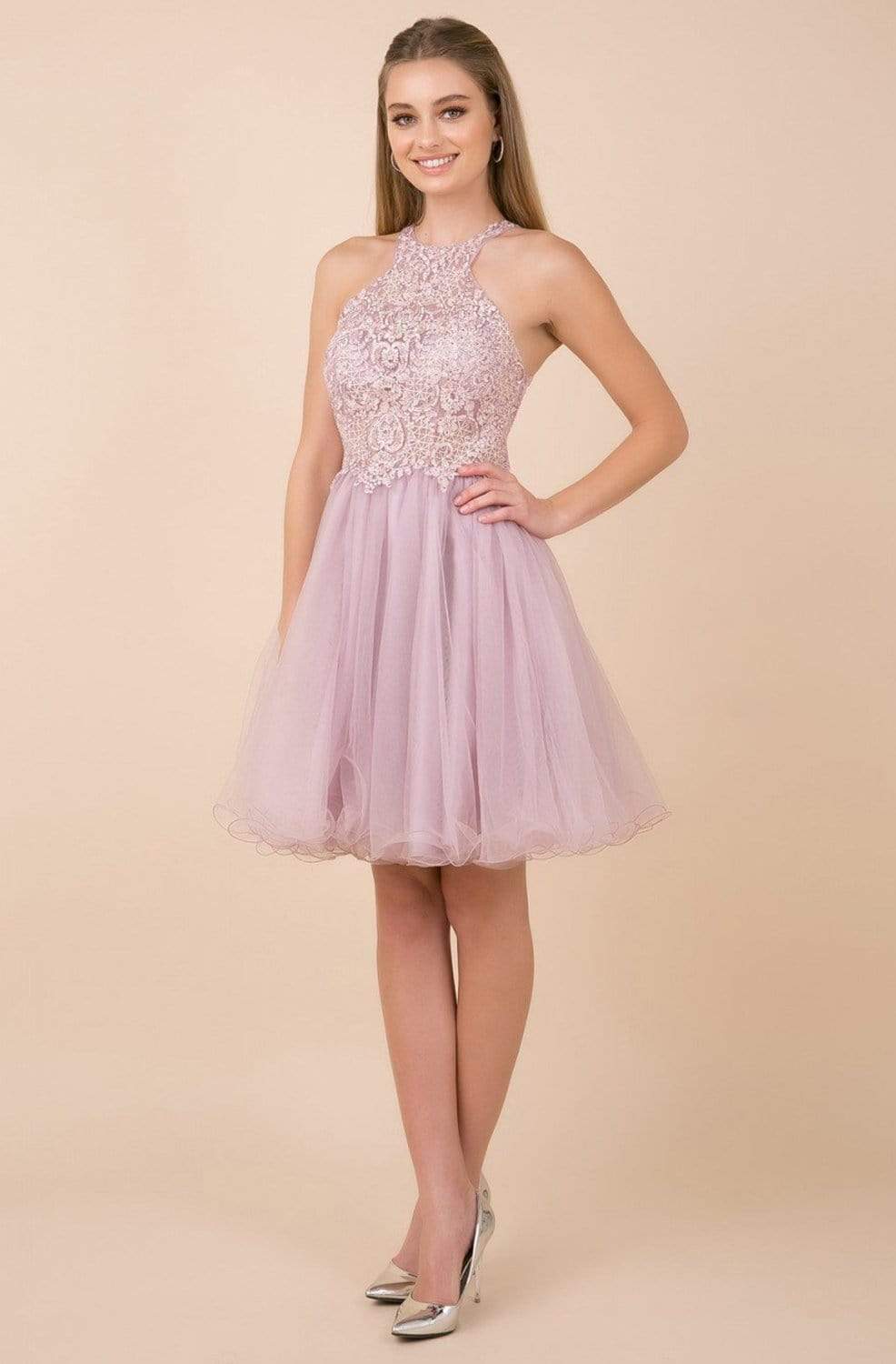 Nox Anabel - E696 Lace Halter A-Line Short Dress