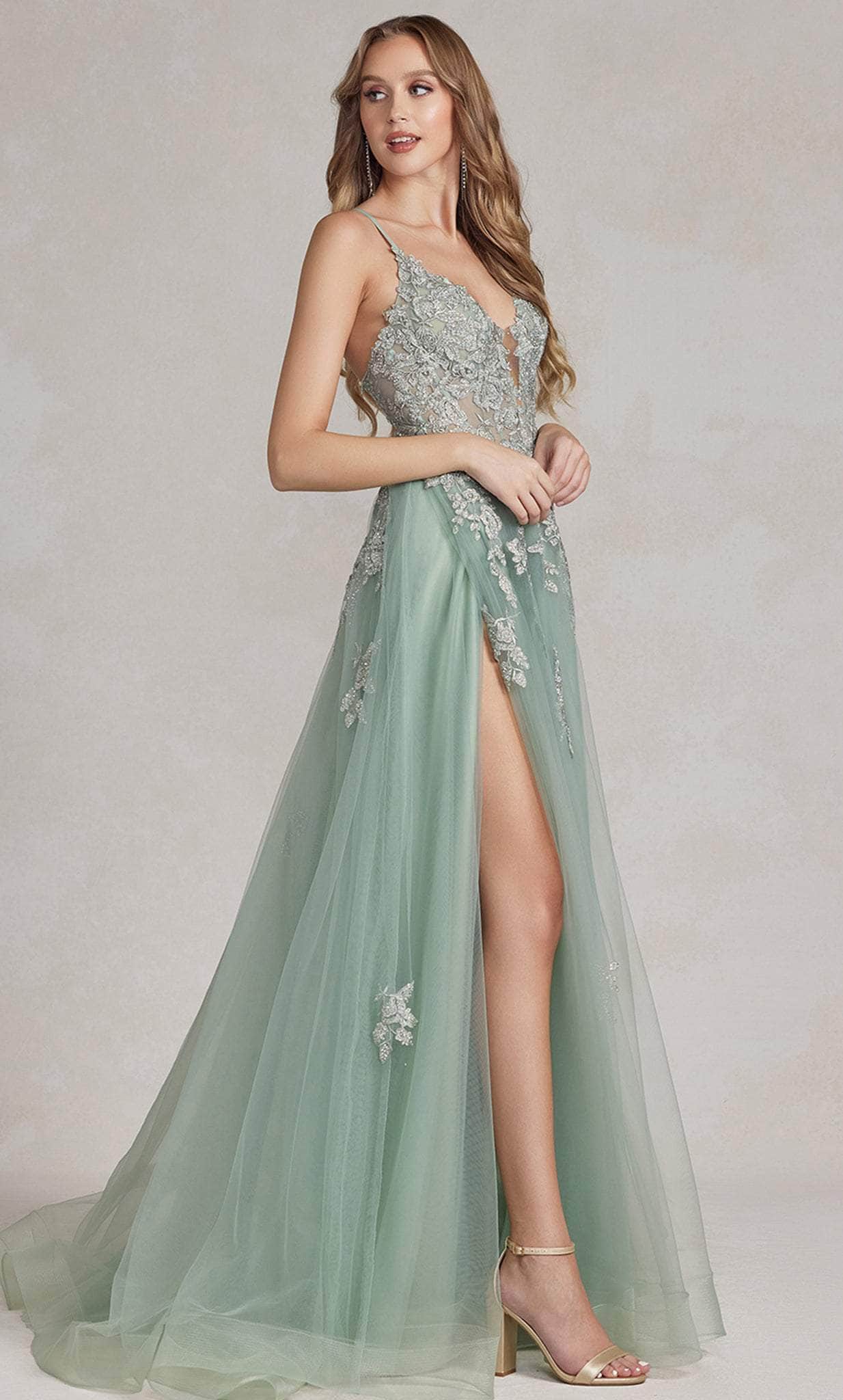 Nox Anabel G1149 - Embroidered Plunging V-Neck Prom Gown
