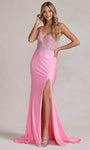 Sexy V-neck Natural Waistline Sleeveless Spaghetti Strap Back Zipper Slit Applique Glittering Beaded Plunging Neck Mermaid Lace Prom Dress with a Brush/Sweep Train