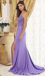 Sexy V-neck Sleeveless Spaghetti Strap Mermaid Plunging Neck Natural Waistline Beaded Glittering Slit Applique Back Zipper Lace Prom Dress with a Brush/Sweep Train