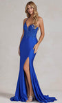 Sexy V-neck Lace Sleeveless Spaghetti Strap Mermaid Glittering Applique Beaded Back Zipper Slit Natural Waistline Plunging Neck Prom Dress with a Brush/Sweep Train