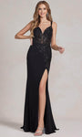 V-neck Sheath Floor Length Lace Applique Embroidered Illusion Goddess Fitted Open-Back Slit Lace-Up Natural Waistline Sleeveless Sheath Dress/Evening Dress/Prom Dress with a Brush/Sweep Train