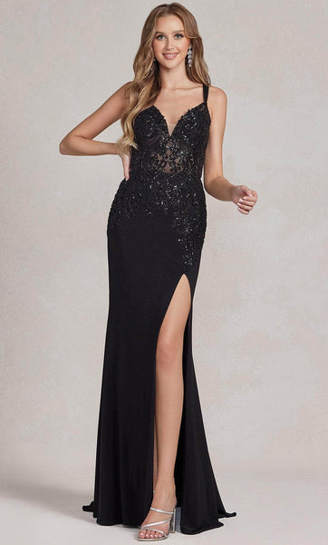 V-neck Floor Length Sheath Lace Applique Embroidered Goddess Illusion Slit Lace-Up Fitted Open-Back Sleeveless Natural Waistline Sheath Dress/Evening Dress/Prom Dress with a Brush/Sweep Train