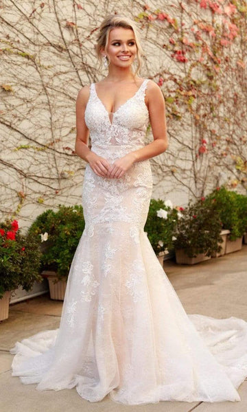 V-neck Plunging Neck Natural Waistline Fit-and-Flare Mermaid Open-Back Fitted Sheer Lace Sleeveless Wedding Dress with a Chapel Train