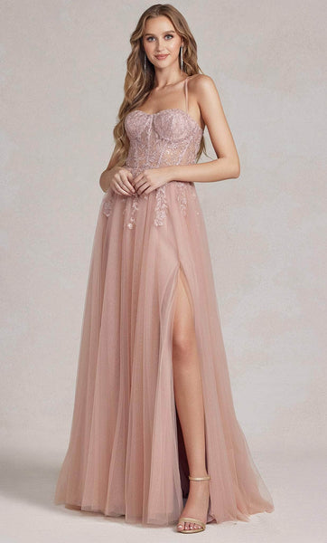 Sweetheart Lace-Up Applique Open-Back Gathered Illusion Embroidered Slit Sheer Corset Natural Waistline Sleeveless Spaghetti Strap Floor Length Dress with a Brush/Sweep Train