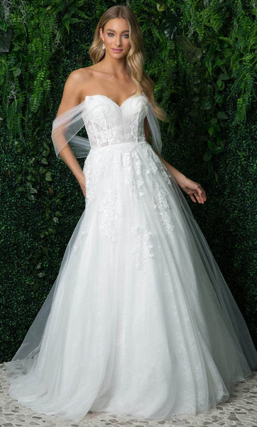 A-line Fall Floral Print Floor Length Lace-Up Mesh Wrap Applique Sheer Off the Shoulder Natural Waistline Sweetheart Wedding Dress with a Cathedral Train with a Brush/Sweep Train