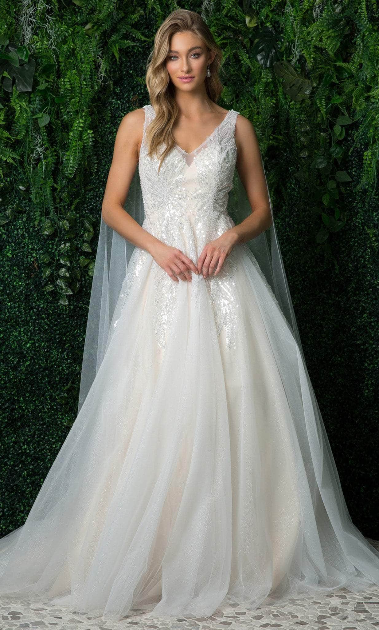 Nox Anabel JE947 - V Neck Bridal Gown with Shoulder Sash

