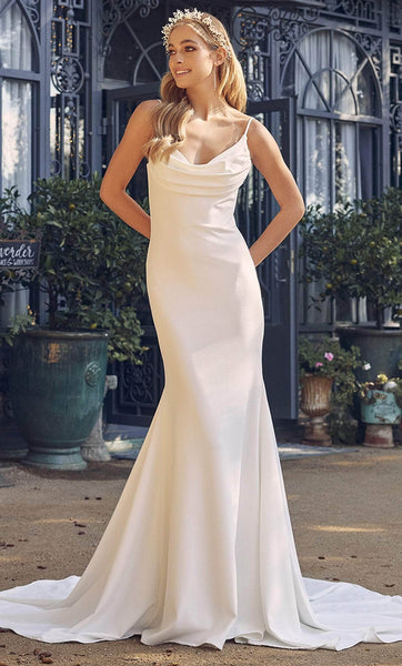 Sophisticated Sleeveless Spaghetti Strap Cowl Neck Natural Waistline Sheath Fitted Draped Floor Length Sheath Dress/Wedding Dress with a Chapel Train with a Court Train